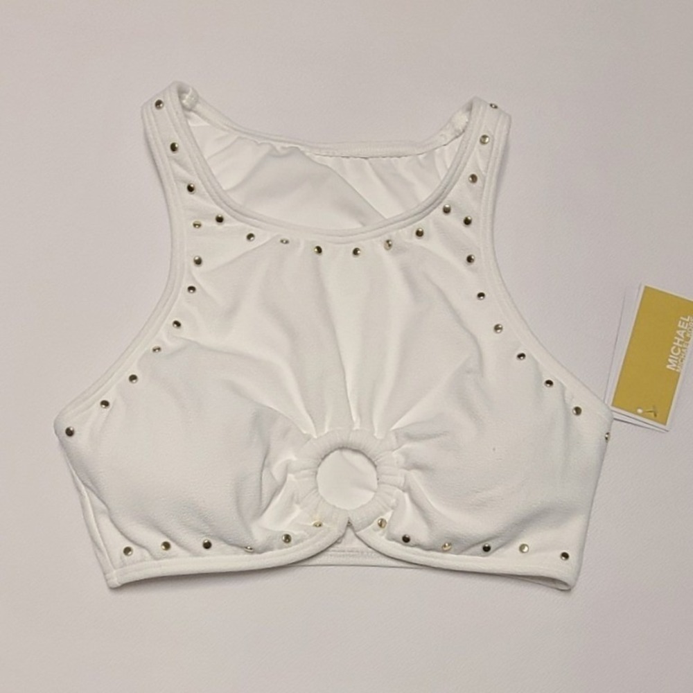 Michael Kors Womens White Studded High Neck O-Ring Bikini Top Size S NWT